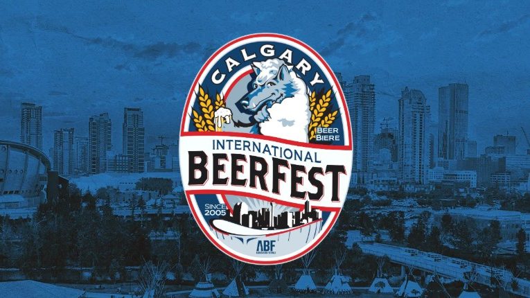The Calgary International Beerfest logo, featuring bold typography and festive design elements, symbolizing the celebration of beer, with the Calgary skyline in the background.