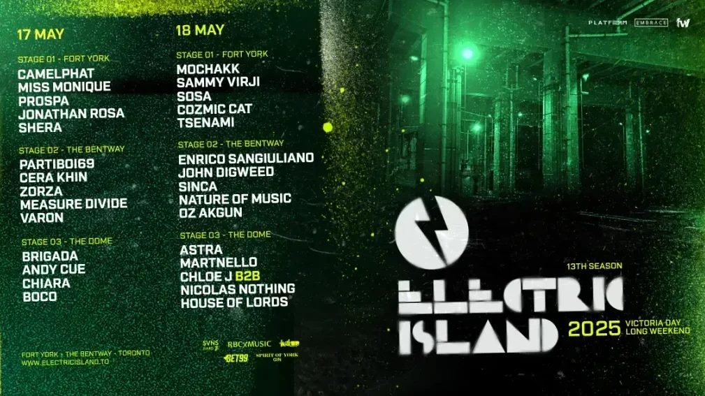 Electric Island 2025 lineup poster for the Victoria Day weekend in Toronto, featuring artists like CamelPhat, Miss Monique, Mochakk, and Enrico Sangiuliano. The design has a neon green and black industrial theme.
