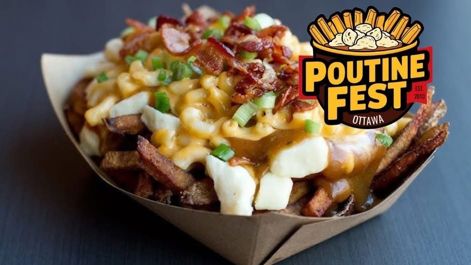 A serving of poutine in a box, topped with melted cheese and crispy bacon, perfect for indulging at Poutine Fest.