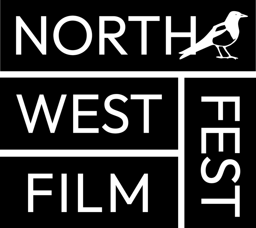 Logo for North West Film Fest, featuring bold white text and a silhouette of a bird on a black background.