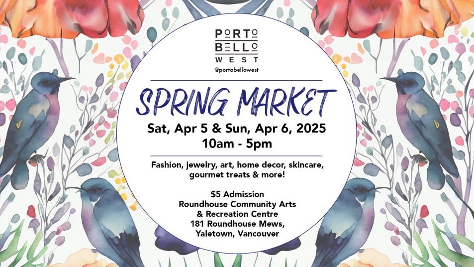 A colorful spring market flyer, adorned with delicate birds and blooming flowers, featuring event details for April 5-6 from 10 AM to 5 PM.