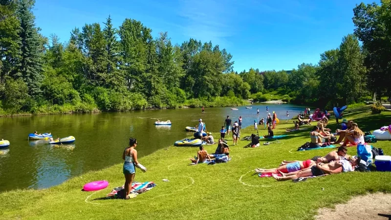 A vibrant river scene with people relaxing on the grass, sunbathing, and floating on inflatable boats under a clear blue sky.