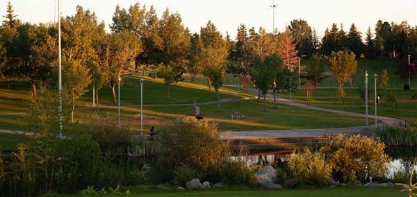 Lush park scene at sunset featuring green lawns, trees, a winding path, and a tranquil pond surrounded by plants.
