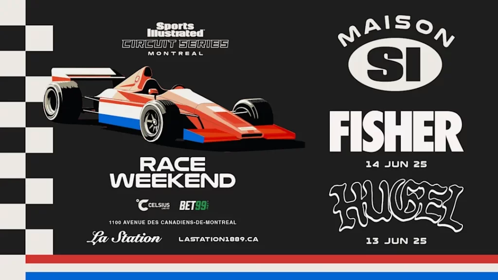 Graphique faisant la promotion de la série Sports Illustrated Circuit à Montréal pendant le Grand Prix du Canada, mettant en vedette une voiture de course et des détails sur les performances de Fisher et Hugel.