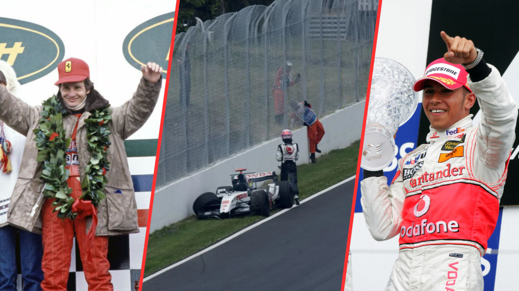 Un collage présentant des moments emblématiques du Grand Prix du Canada : Gilles Villeneuve célébrant avec un trophée, une voiture accidentée au Mur des Champions inspectée par les officiels et la première célébration de la victoire de Lewis Hamilton en Formule 1.